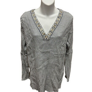 Michael Kors Womens Shirt Size XL Blue Striped Casual Blouse Long Sleeve V-neck